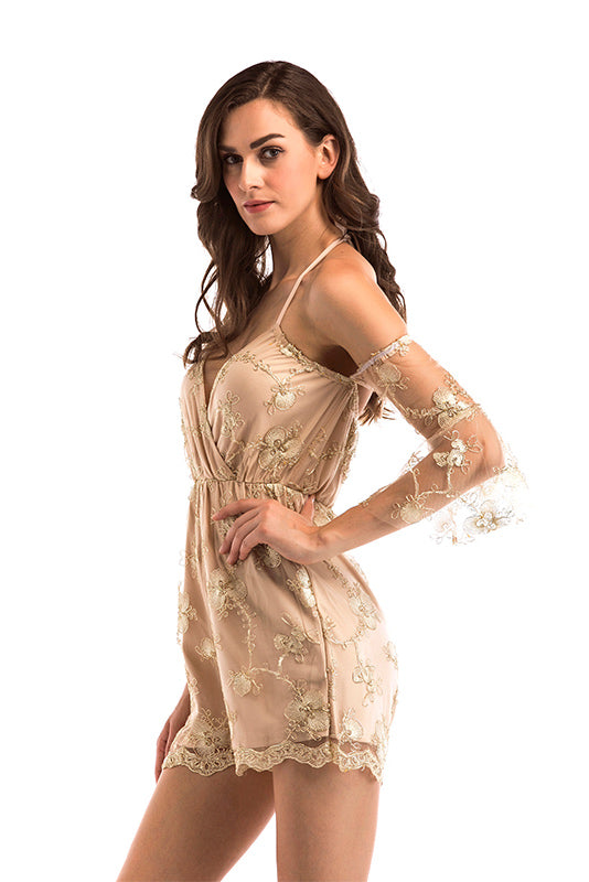 LM | V-neck Embroidered Halter Off-the-shoulder Romper with half sleeves