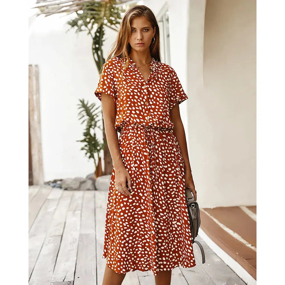 LM | Dots Print White Dress Women Summer Short Sleeve Tunic Boho Midi Dresses