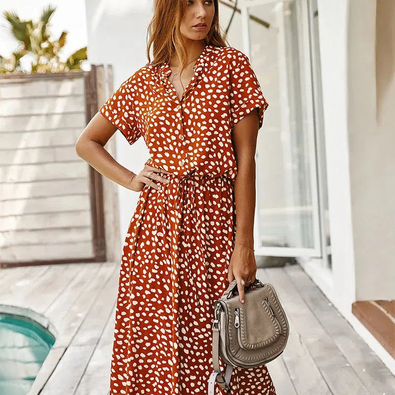 LM | Dots Print White Dress Women Summer Short Sleeve Tunic Boho Midi Dresses