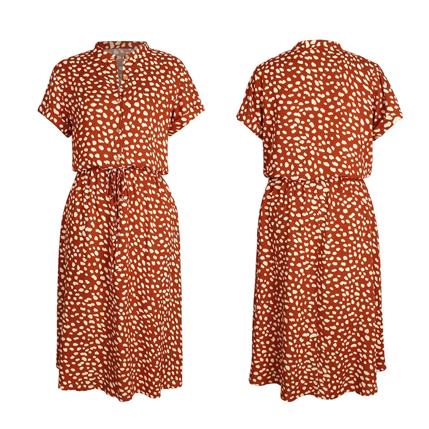 LM | Dots Print White Dress Women Summer Short Sleeve Tunic Boho Midi Dresses