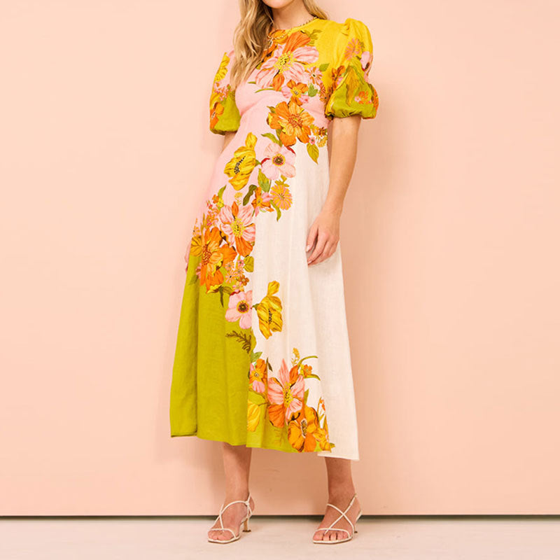 LM | Women's midi dress - Fitted waist - Puff sleeves - Floral print - Flared hem - Slip-on