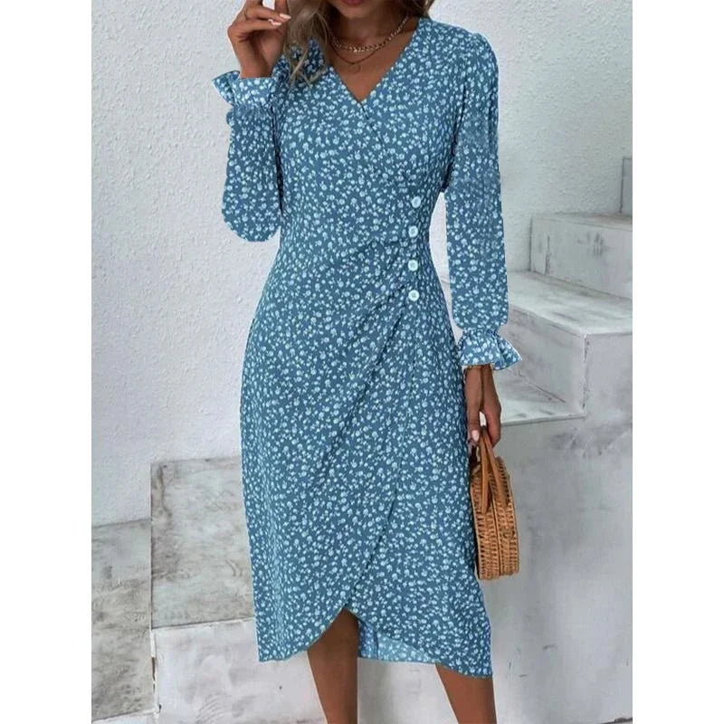 LM | Elegant floral pleated midi dress with puff sleeves and V-neckline