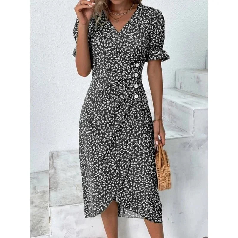LM | Elegant floral pleated midi dress with puff sleeves and V-neckline