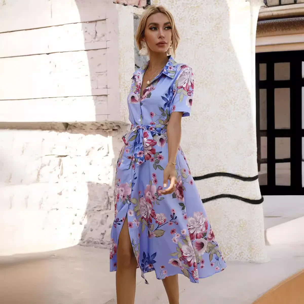 LM | Spring Summer Women Floral Print Midi Dress with Short Sleeves and Turn Down Collar for Casual Party and Outing