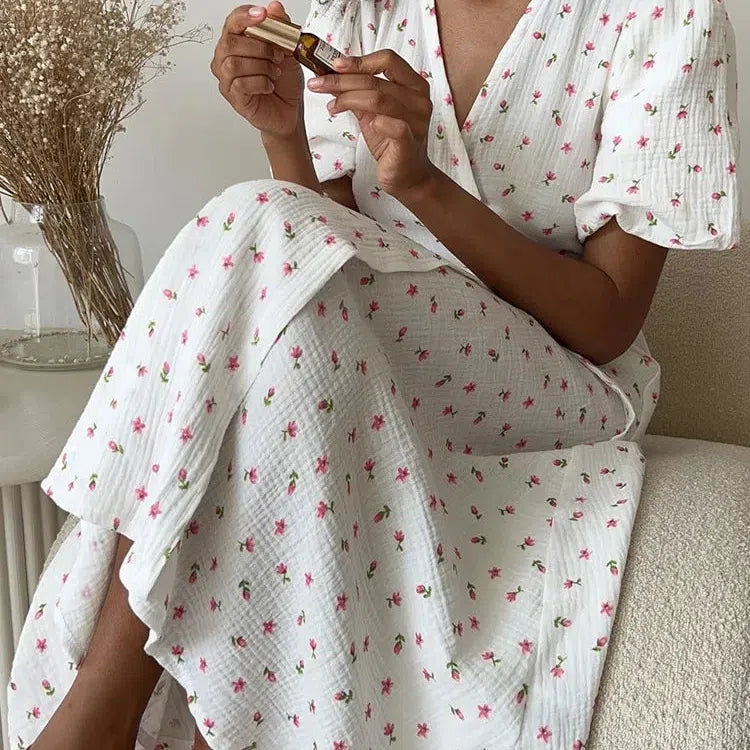 LM | Casual Ladies Summer Dresses 100% Cotton Floral Print A-Line Midi Dress with Side Slits Long Elegant White Dress