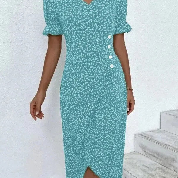LM | Spring Floral Bodycon Midi Dress for Women V-Neck Long Sleeve
