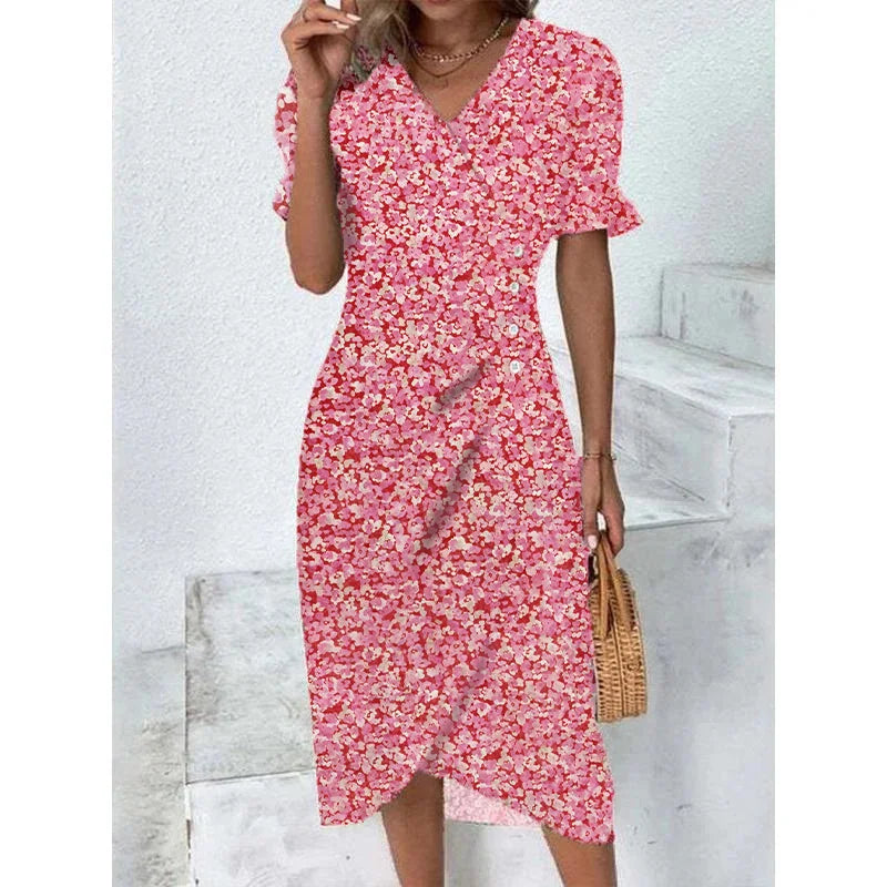 LM | Elegant floral pleated midi dress with puff sleeves and V-neckline