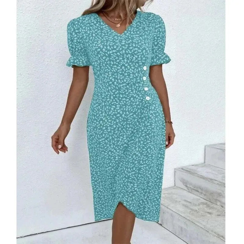 LM | Spring Floral Bodycon Midi Dress for Women V-Neck Long Sleeve