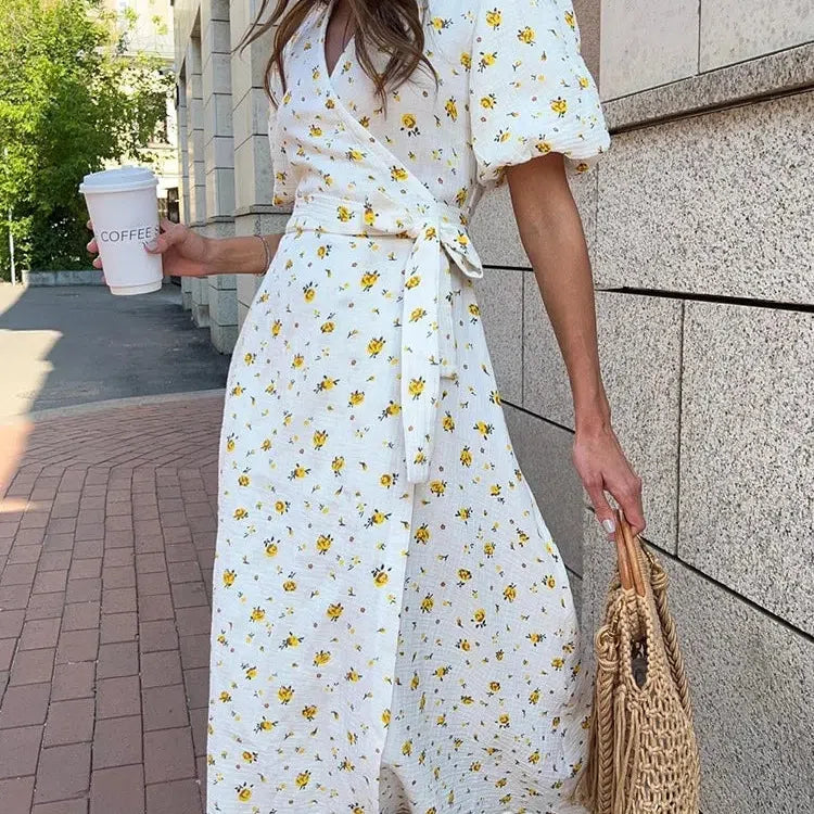 LM | Casual Ladies Summer Dresses 100% Cotton Floral Print A-Line Midi Dress with Side Slits Long Elegant White Dress