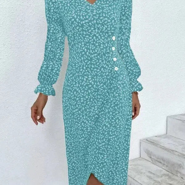 LM | Elegant floral pleated midi dress with puff sleeves and V-neckline