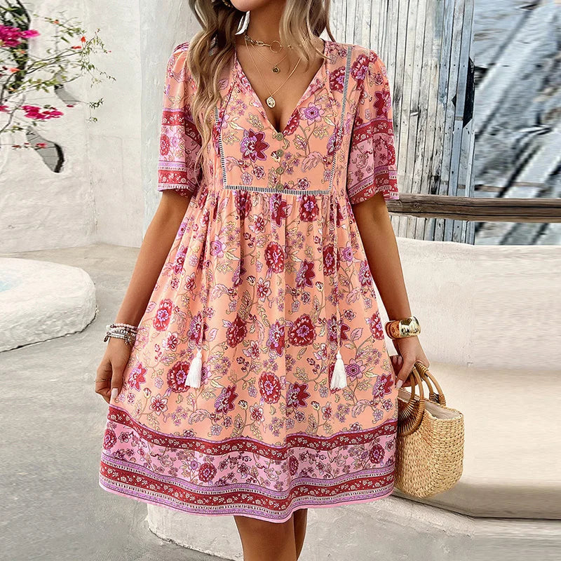 LM | Ariana™ Floral boho mini dress with V-neckline