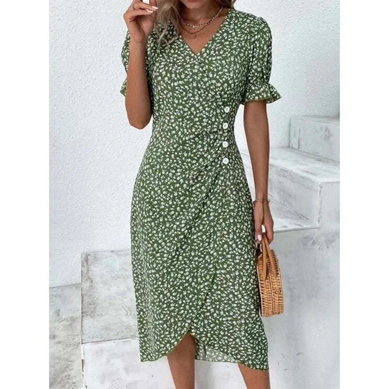 LM | Spring Floral Bodycon Midi Dress for Women V-Neck Long Sleeve