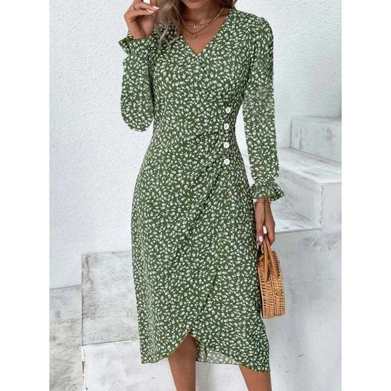 LM | Elegant floral pleated midi dress with puff sleeves and V-neckline