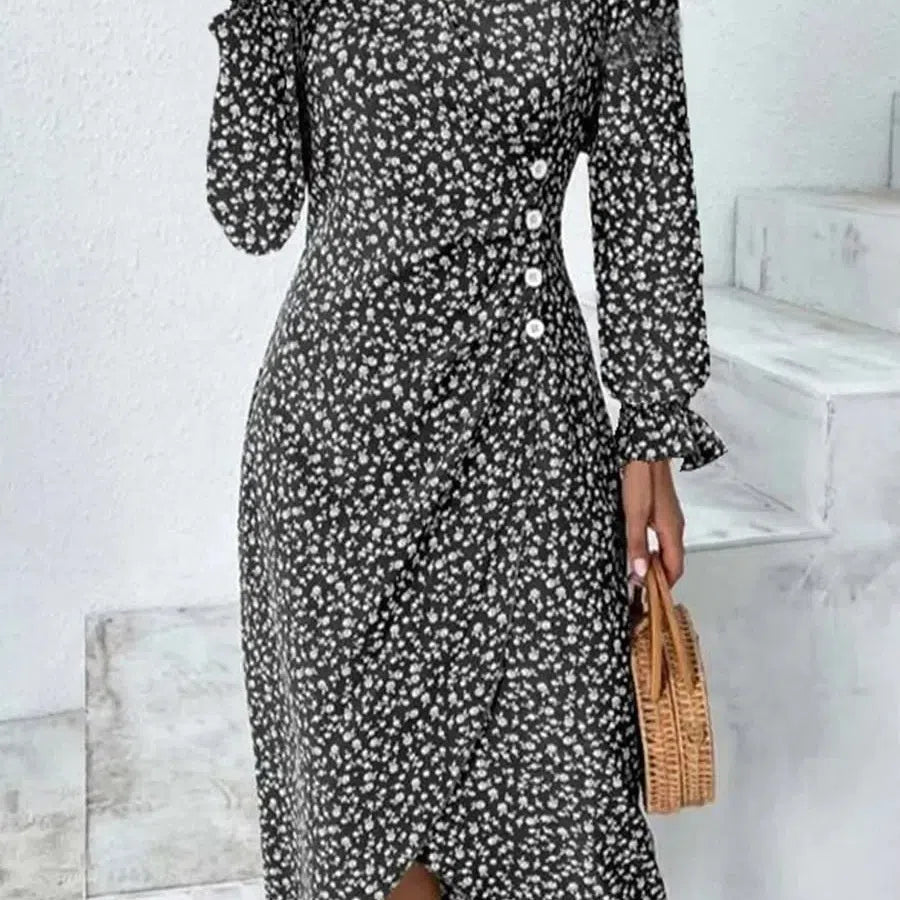 LM | Spring Floral Bodycon Midi Dress for Women V-Neck Long Sleeve