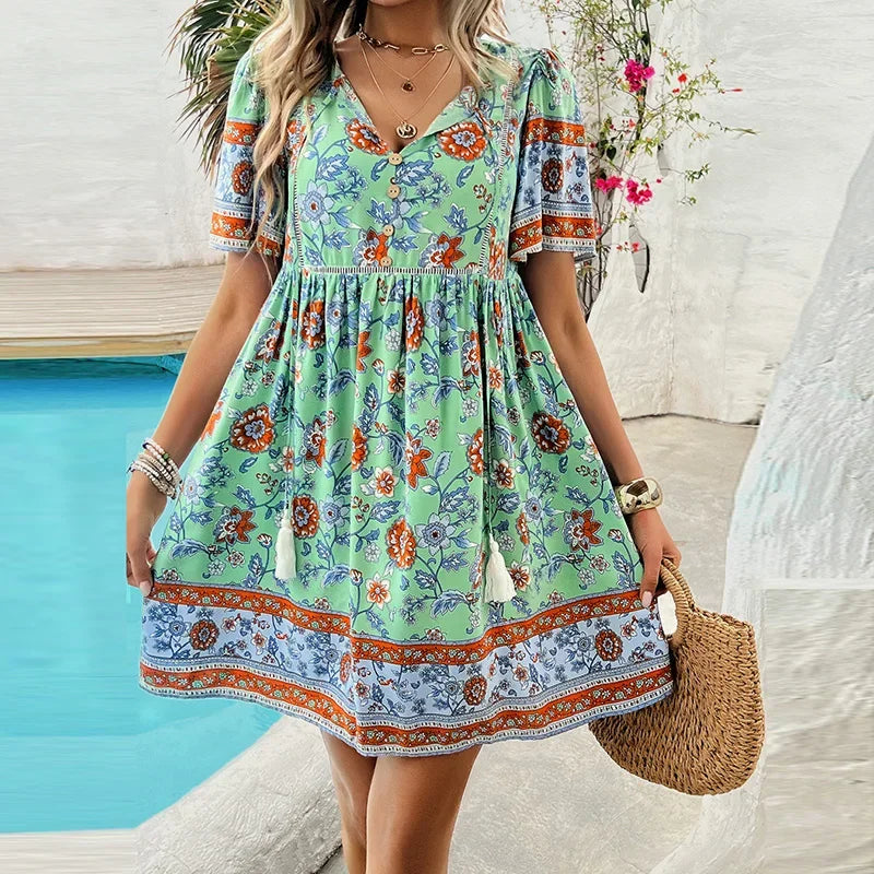 LM | Ariana™ Floral boho mini dress with V-neckline
