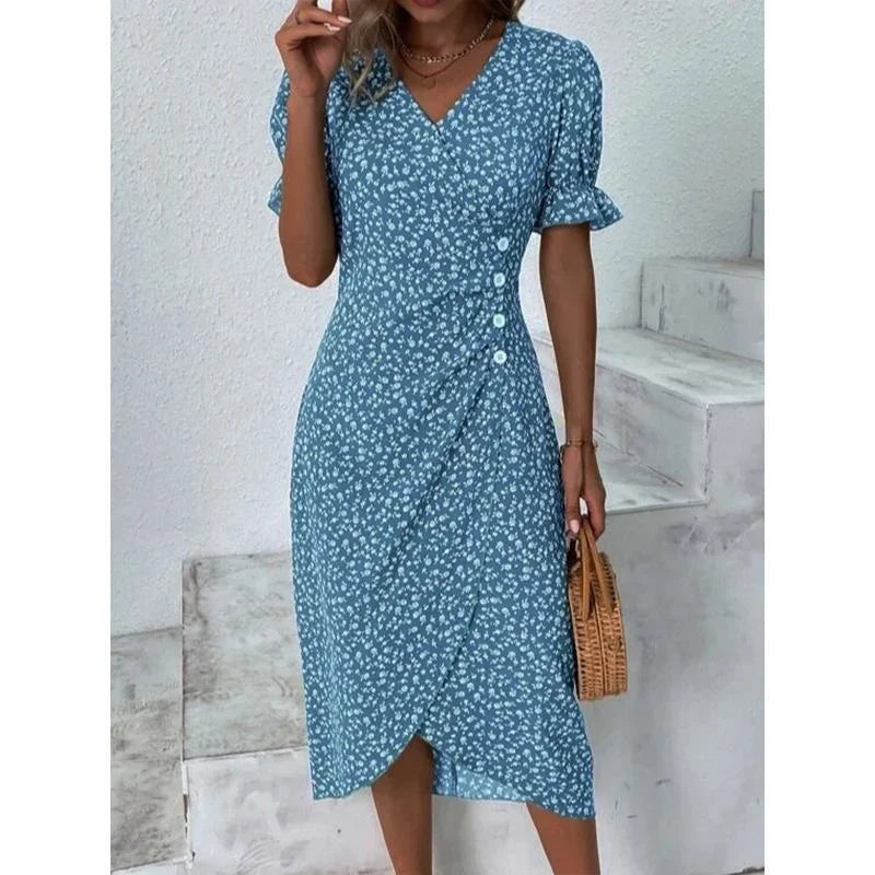 LM | Elegant floral pleated midi dress with puff sleeves and V-neckline