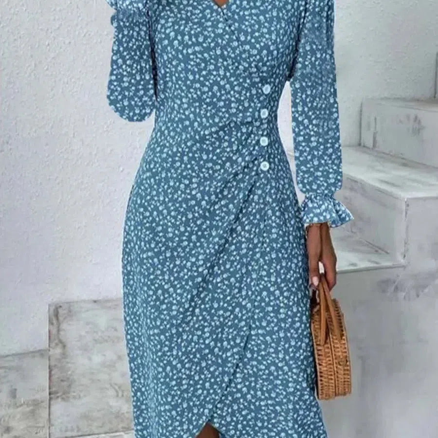 LM | Spring Floral Bodycon Midi Dress for Women V-Neck Long Sleeve