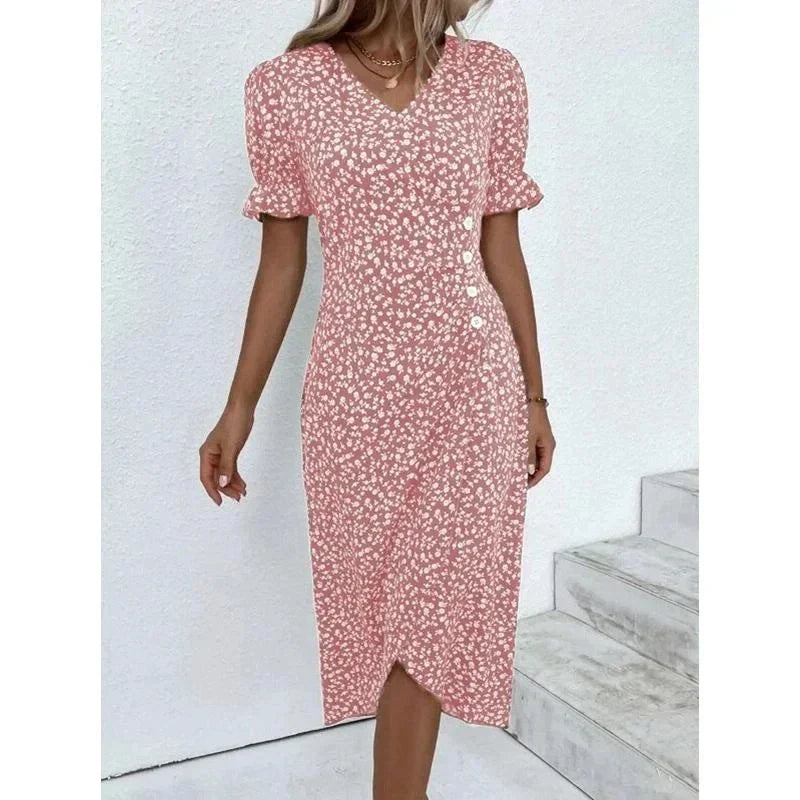 LM | Spring Floral Bodycon Midi Dress for Women V-Neck Long Sleeve