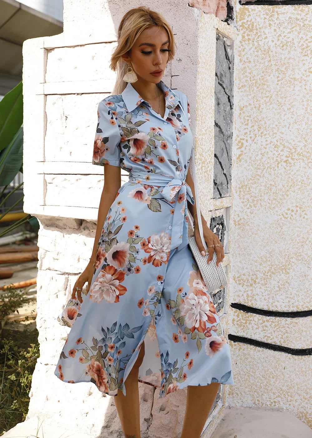 LM | Spring Summer Women Floral Print Midi Dress with Short Sleeves and Turn Down Collar for Casual Party and Outing