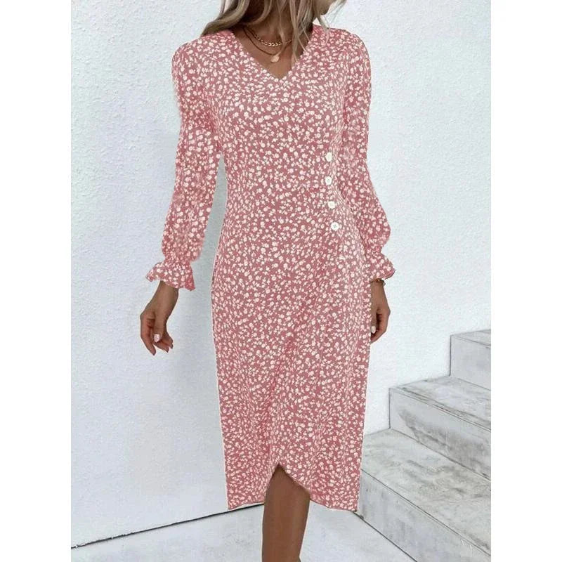 LM | Elegant floral pleated midi dress with puff sleeves and V-neckline