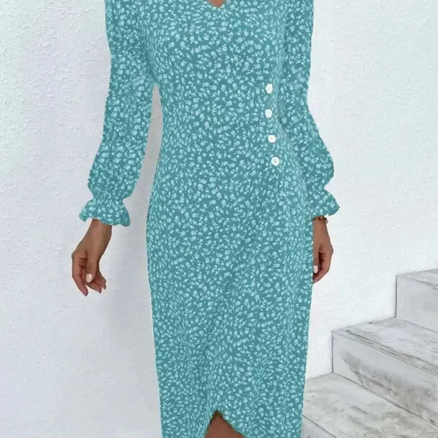 LM | Spring Floral Bodycon Midi Dress for Women V-Neck Long Sleeve