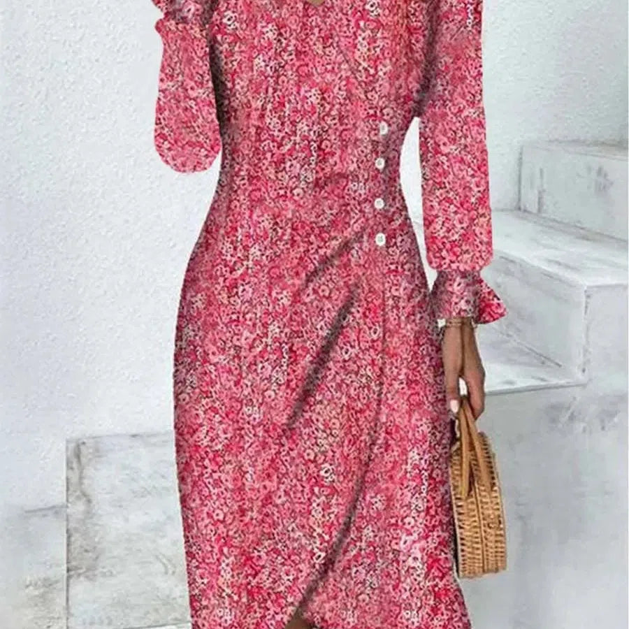 LM | Spring Floral Bodycon Midi Dress for Women V-Neck Long Sleeve