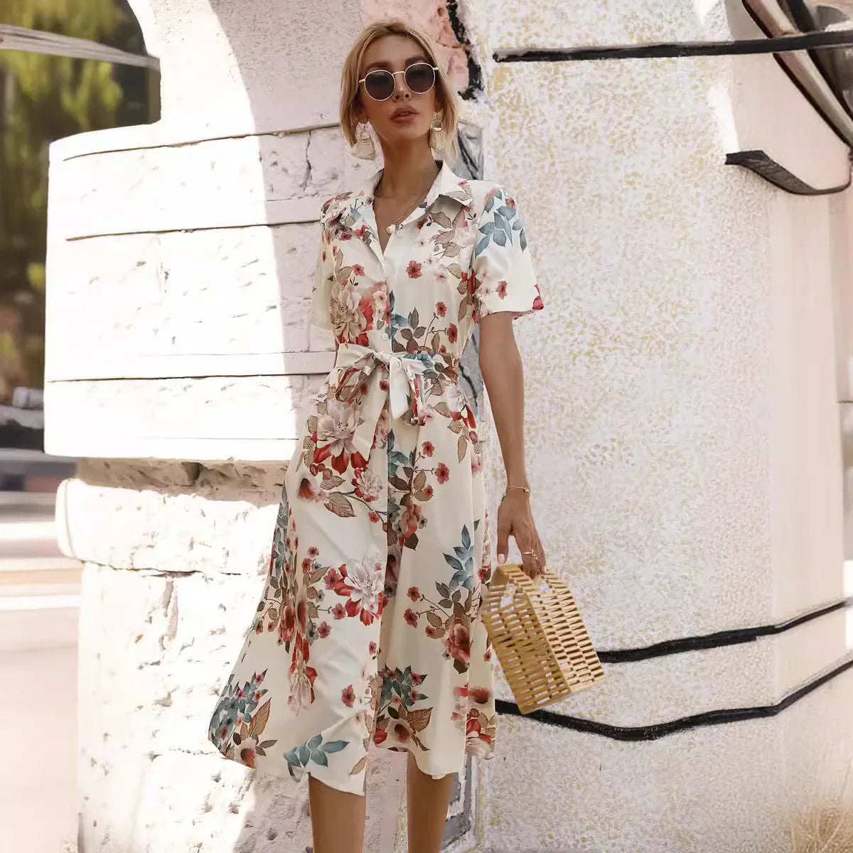 LM | Spring Summer Women Floral Print Midi Dress with Short Sleeves and Turn Down Collar for Casual Party and Outing