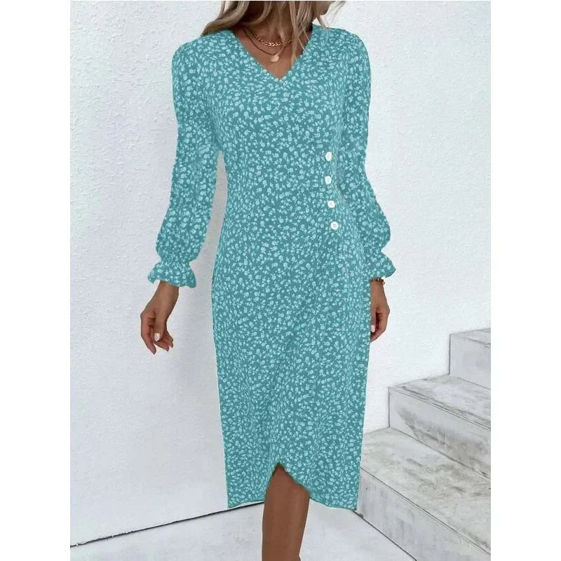 LM | Elegant floral pleated midi dress with puff sleeves and V-neckline