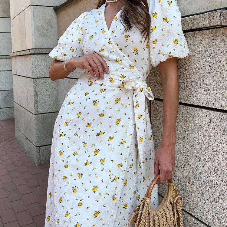 LM | Casual Ladies Summer Dresses 100% Cotton Floral Print A-Line Midi Dress with Side Slits Long Elegant White Dress