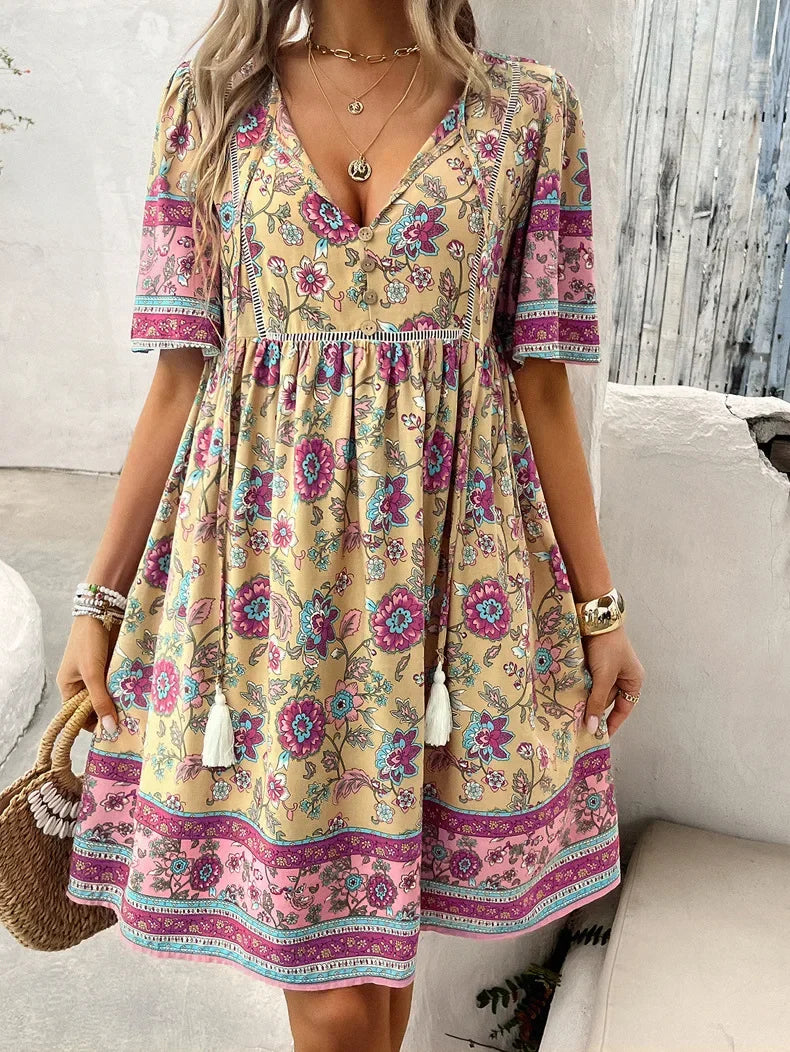 LM | Ariana™ Floral boho mini dress with V-neckline