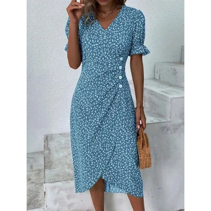 LM | Spring Floral Bodycon Midi Dress for Women V-Neck Long Sleeve