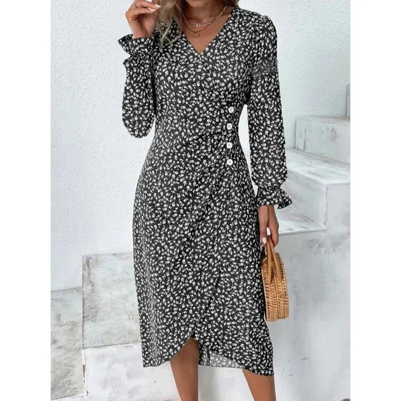 LM | Elegant floral pleated midi dress with puff sleeves and V-neckline