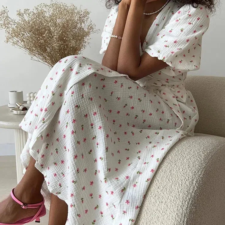 LM | Casual Ladies Summer Dresses 100% Cotton Floral Print A-Line Midi Dress with Side Slits Long Elegant White Dress