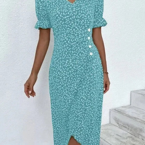 LM | Elegant floral pleated midi dress with puff sleeves and V-neckline