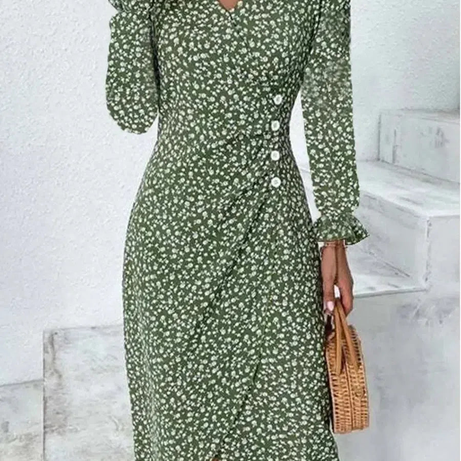 LM | Spring Floral Bodycon Midi Dress for Women V-Neck Long Sleeve