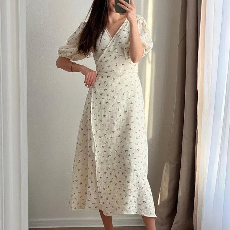 LM | Casual Ladies Summer Dresses 100% Cotton Floral Print A-Line Midi Dress with Side Slits Long Elegant White Dress