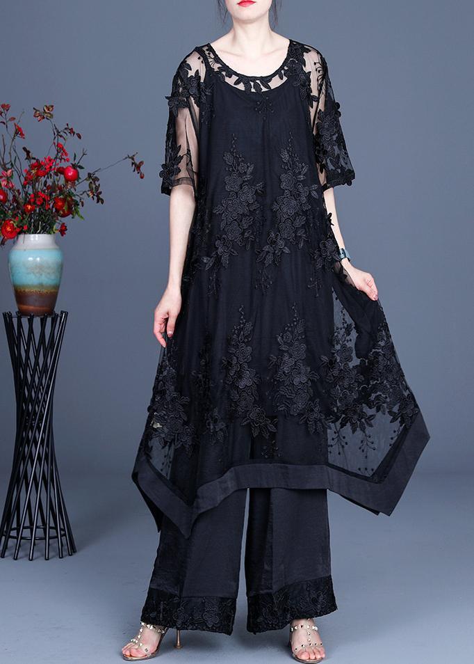 LM | Summer Black Dress Wide Leg Pants Suspender Skirt Three Piece Set