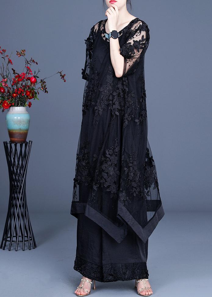 LM | Summer Black Dress Wide Leg Pants Suspender Skirt Three Piece Set