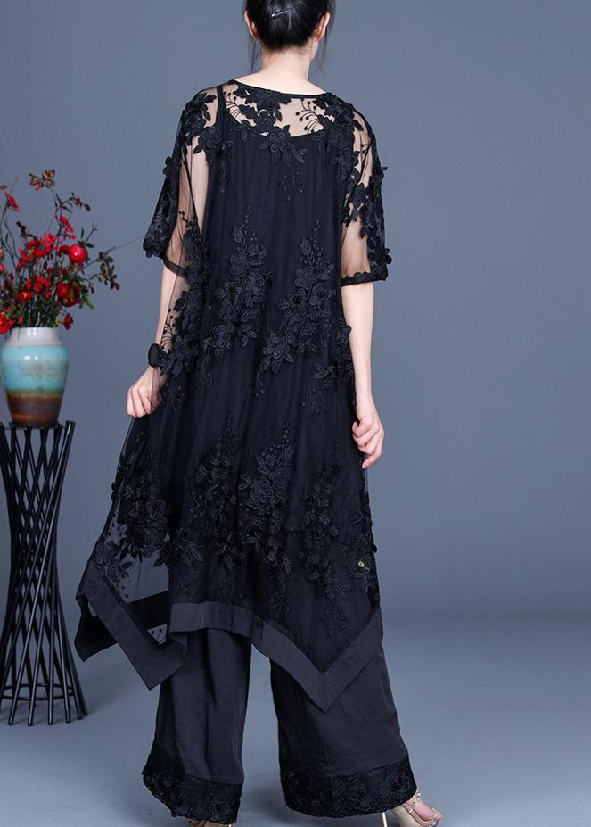 LM | Summer Black Dress Wide Leg Pants Suspender Skirt Three Piece Set