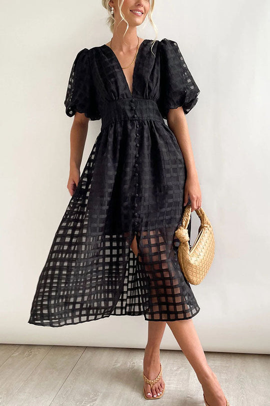 LM | Remarkable Beauty Square Patterned Fabric Puff Sleeve Party Midi Dress
