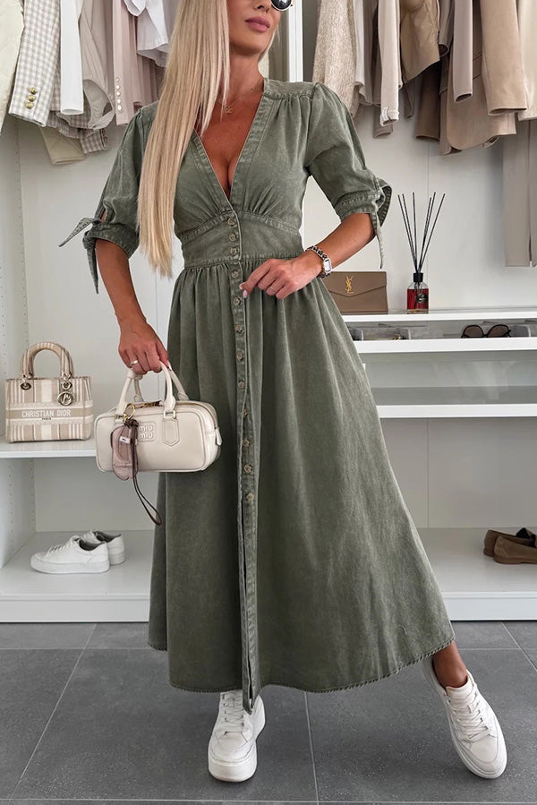 LM | Solid color V-neck button-down denim midi dress