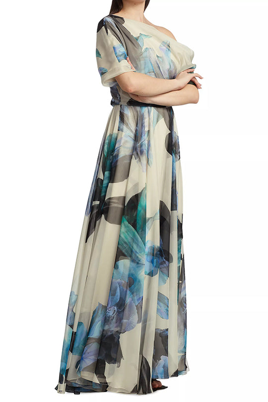 LM | Unique printed bohemian short-sleeved maxi dress with one shoulder section