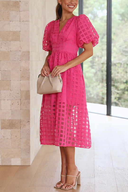 LM | Remarkable Beauty Square Patterned Fabric Puff Sleeve Party Midi Dress