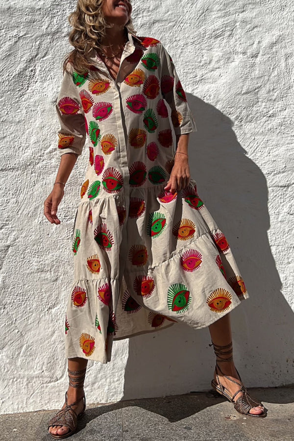 LM | Take Me To Cabo Ethnic Unique Print Button Loose Shirt Midi Dress