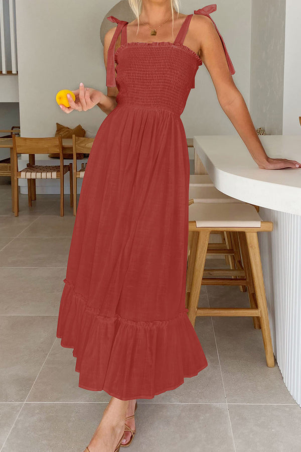 LM | Summer Boho Spaghetti Strap Square Neck Solid Color Ruffle A Line Beach Long Maxi Dress