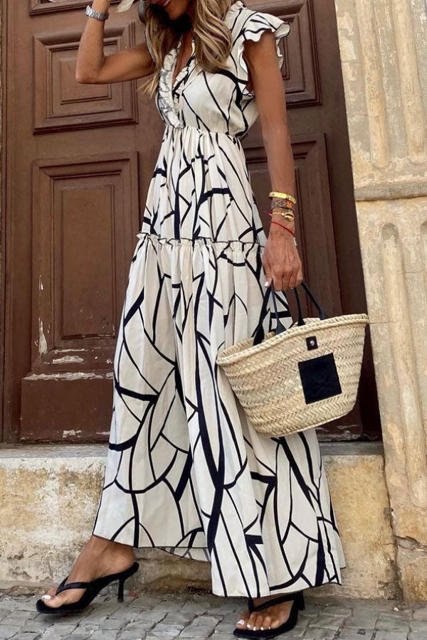 LM | Geometric print V-neck ruffle midi dress