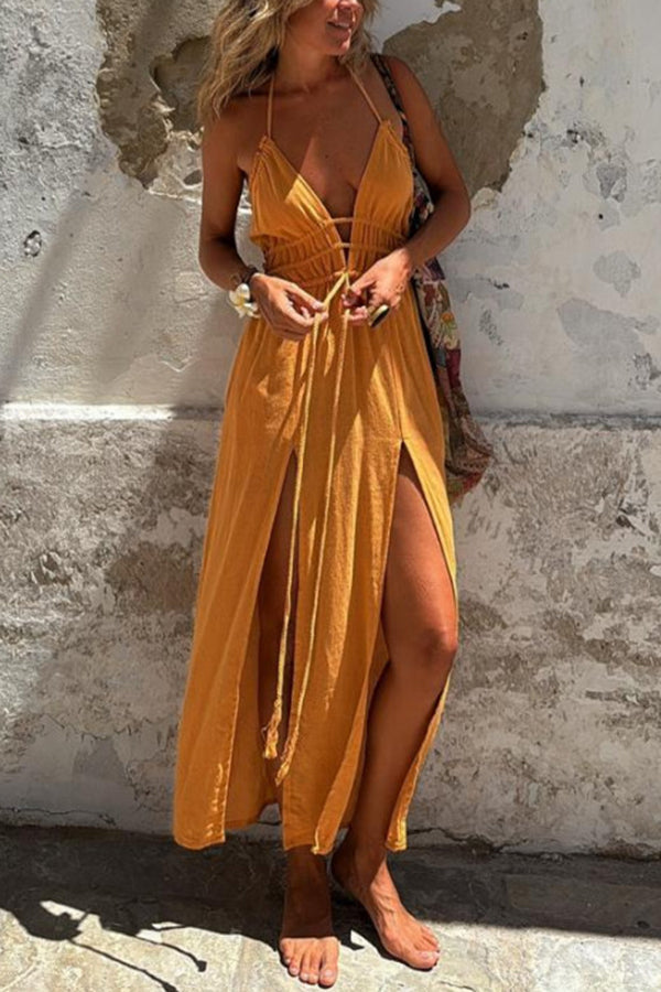 LM | Linen Blend Elastic Waist Halter Backless Pocket Slit Midi Dress