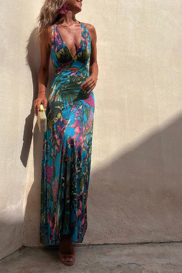 LM | RAINFOREST PARADISE TROPICAL PRINT NECKLINE BACK CROSSOVER STRETCH MAXI DRESS