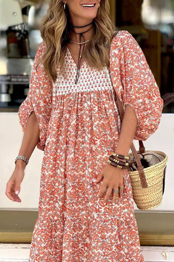 LM | Boheme Lifestyle Printed maxi dress with loose puff sleeves