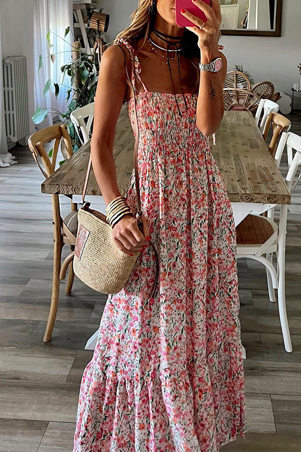 LM | Rubie satin printed strapless elastic back ribbon maxi dress